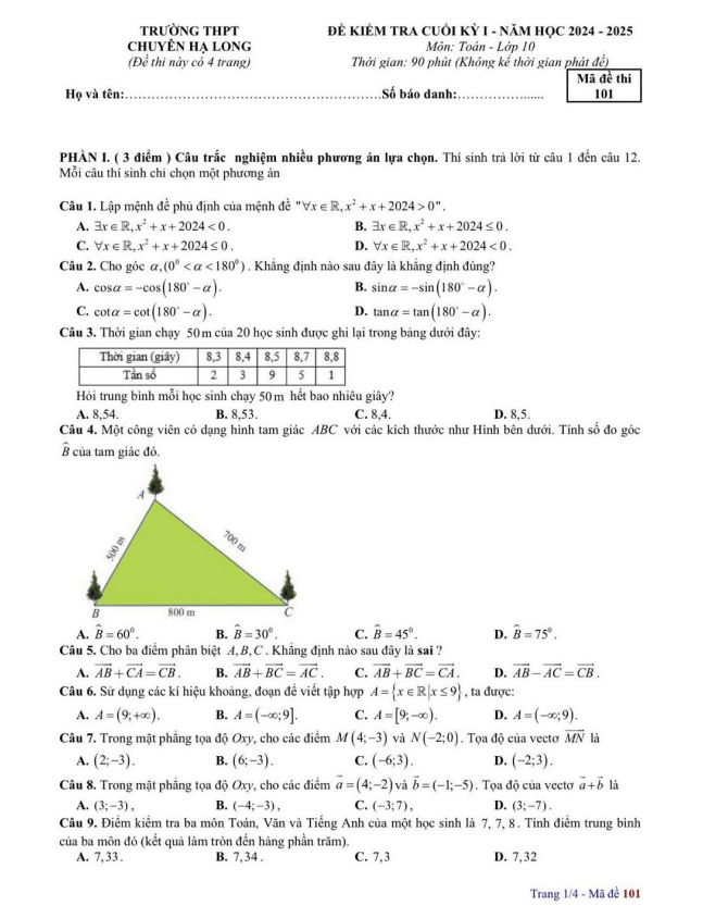 đề cuối kỳ 1 toán 10 năm 2024 – 2025 trường thpt chuyên hạ long – quảng ninh