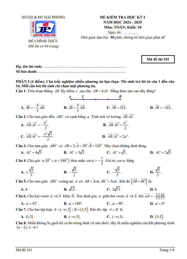 đề cuối kỳ 1 toán 10 năm 2024 – 2025 trường thpt chuyên trần phú – hải phòng
