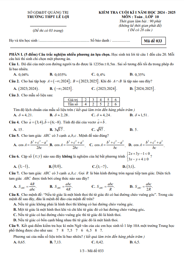 đề cuối kỳ 1 toán 10 năm 2024 – 2025 trường thpt lê lợi – quảng trị