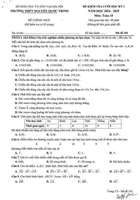đề cuối kỳ 1 toán 10 năm 2024 – 2025 trường thpt nguyễn quốc trinh – hà nội