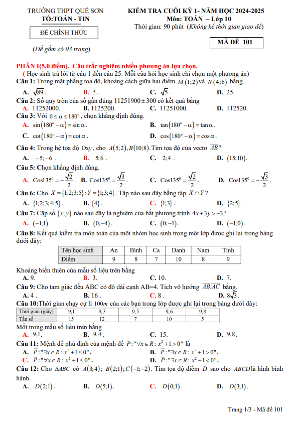 đề cuối kỳ 1 toán 10 năm 2024 – 2025 trường thpt quế sơn – quảng nam
