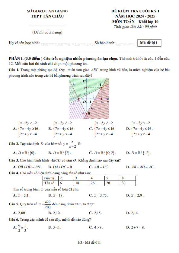 đề cuối kỳ 1 toán 10 năm 2024 – 2025 trường thpt tân châu – an giang