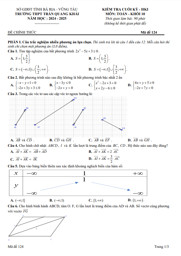 đề cuối kỳ 1 toán 10 năm 2024 – 2025 trường thpt trần quang khải – br vt