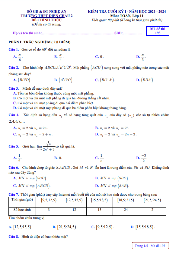 đề cuối kỳ 1 toán 11 năm 2023 – 2024 trường thpt diễn châu 2 – nghệ an