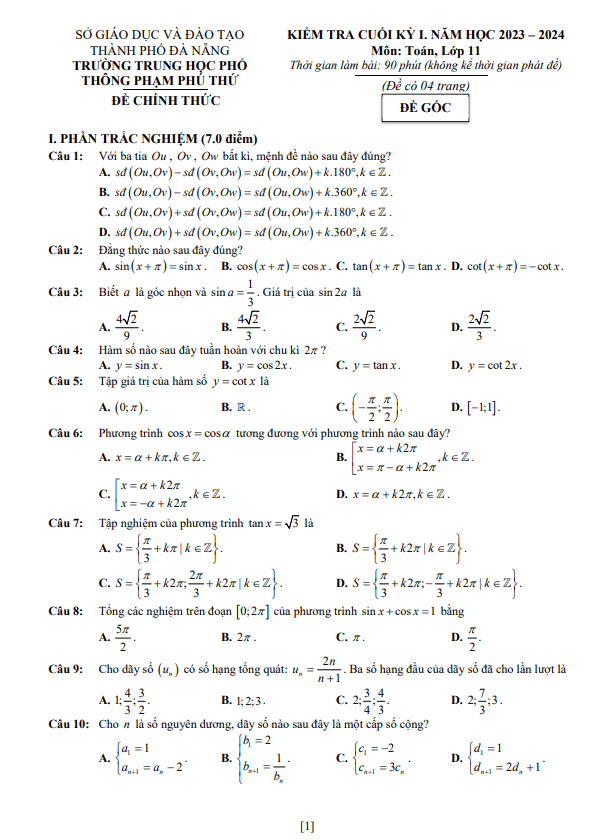 đề cuối kỳ 1 toán 11 năm 2023 – 2024 trường thpt phạm phú thứ – đà nẵng