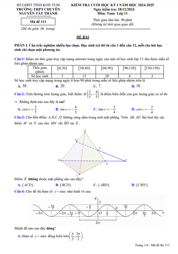 đề cuối kỳ 1 toán 11 năm 2024 – 2025 trường chuyên nguyễn tất thành – kon tum