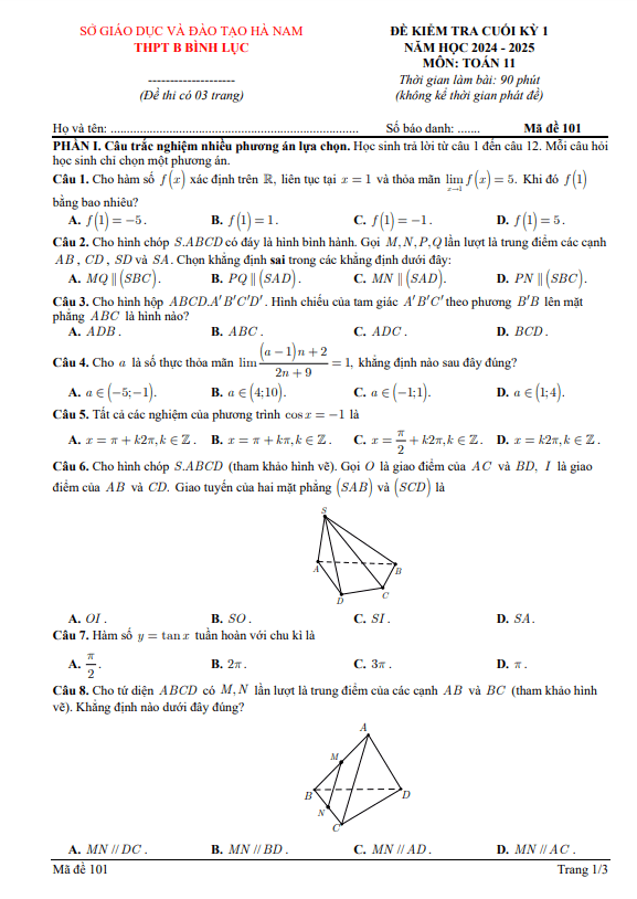đề cuối kỳ 1 toán 11 năm 2024 – 2025 trường thpt b bình lục – hà nam