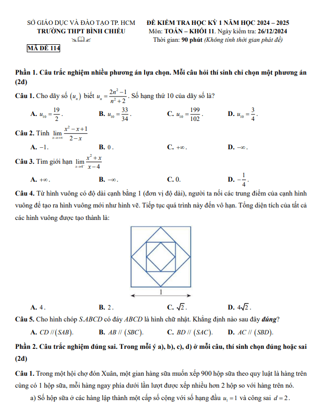 đề cuối kỳ 1 toán 11 năm 2024 – 2025 trường thpt bình chiểu – tp hcm