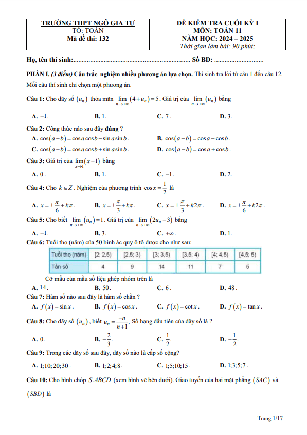 đề cuối kỳ 1 toán 11 năm 2024 – 2025 trường thpt ngô gia tự – phú yên