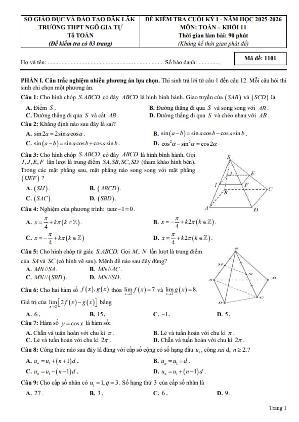 đề cuối kỳ 1 toán 11 năm 2025 – 2026 trường thpt ngô gia tự – đắk lắk