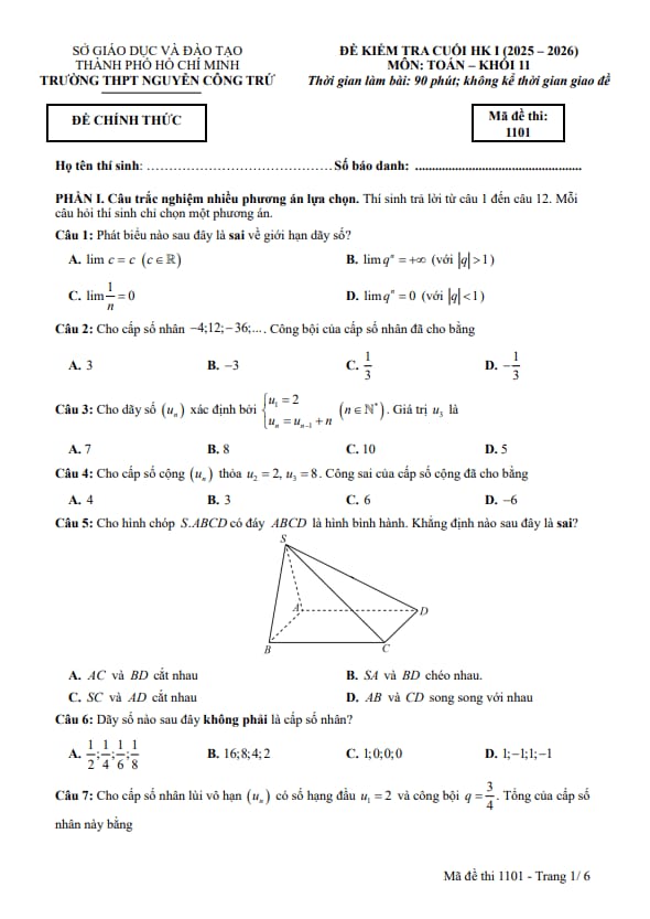 đề cuối kỳ 1 toán 11 năm 2025 – 2026 trường thpt nguyễn công trứ – tp hcm