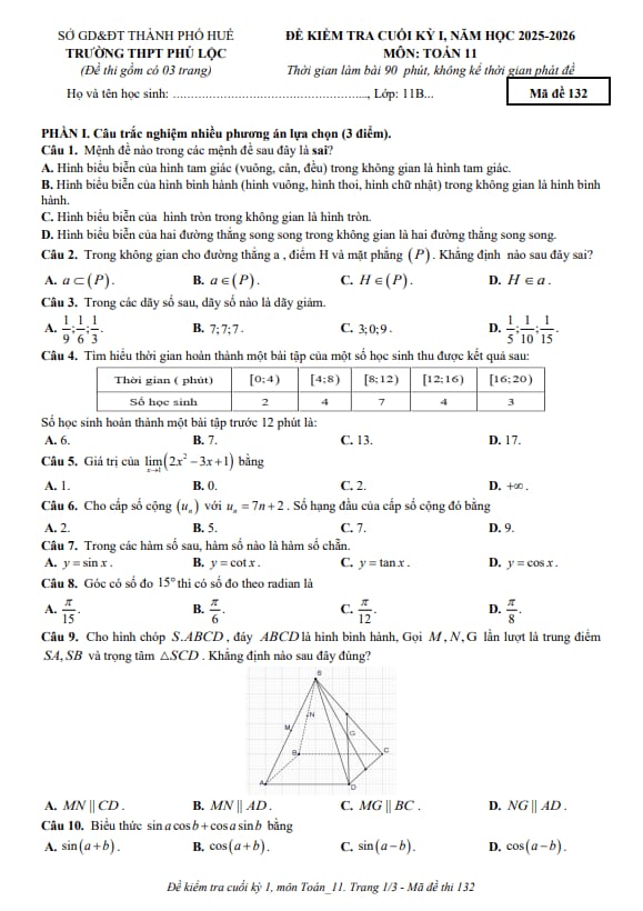 đề cuối kỳ 1 toán 11 năm 2025 – 2026 trường thpt phú lộc – huế