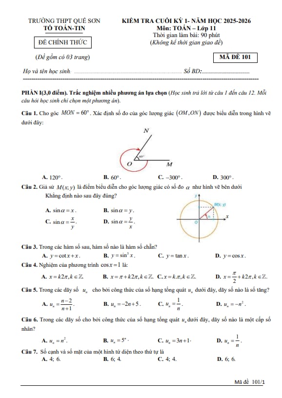 đề cuối kỳ 1 toán 11 năm 2025 – 2026 trường thpt quế sơn – đà nẵng