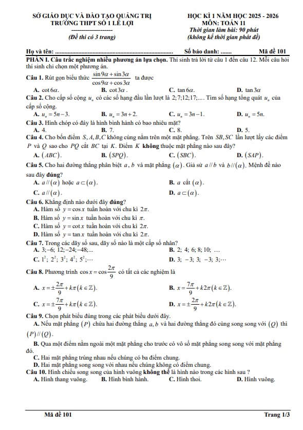 đề cuối kỳ 1 toán 11 năm 2025 – 2026 trường thpt số 1 lê lợi – quảng trị