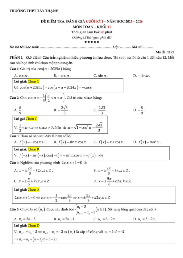 đề cuối kỳ 1 toán 11 năm 2025 – 2026 trường thpt tây thạnh – tp hcm