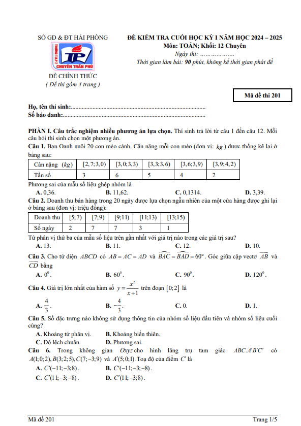 đề cuối kỳ 1 toán 12 chuyên năm 2024 – 2025 trường chuyên trần phú – hải phòng