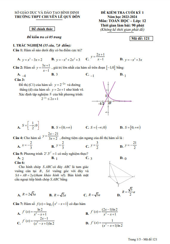 đề cuối kỳ 1 toán 12 năm 2023 – 2024 trường thpt chuyên lê quý đôn – bình định