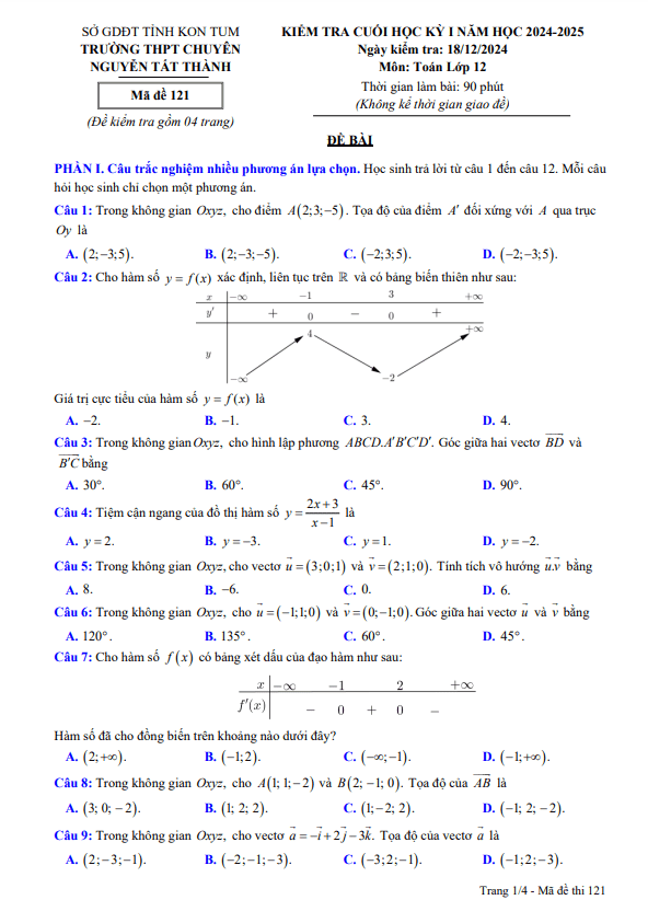 đề cuối kỳ 1 toán 12 năm 2024 – 2025 trường chuyên nguyễn tất thành – kon tum