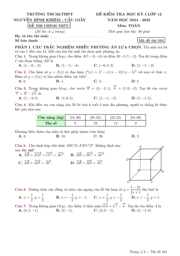 đề cuối kỳ 1 toán 12 năm 2024 – 2025 trường nguyễn bỉnh khiêm – hà nội