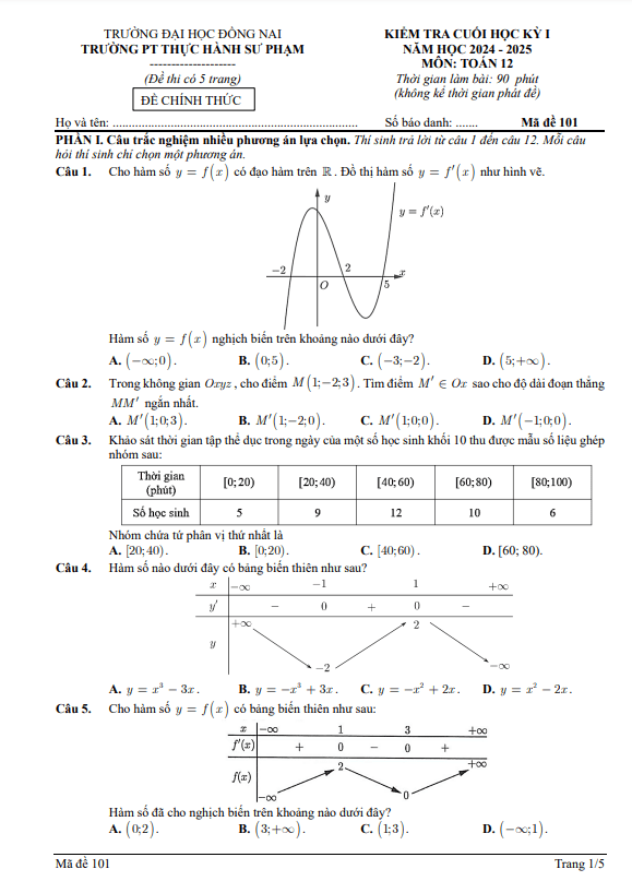 đề cuối kỳ 1 toán 12 năm 2024 – 2025 trường pt thực hành sư phạm – đồng nai