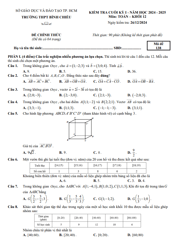 đề cuối kỳ 1 toán 12 năm 2024 – 2025 trường thpt bình chiểu – tp hcm