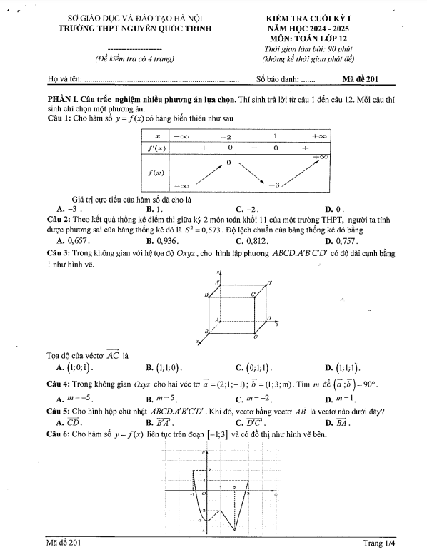 đề cuối kỳ 1 toán 12 năm 2024 – 2025 trường thpt nguyễn quốc trinh – hà nội