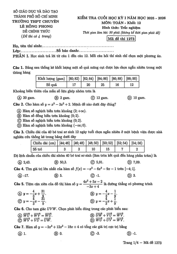 đề cuối kỳ 1 toán 12 năm 2025 – 2026 trường chuyên lê hồng phong – tp hcm