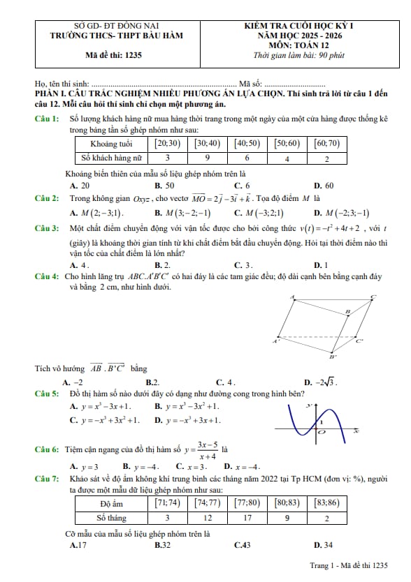 đề cuối kỳ 1 toán 12 năm 2025 – 2026 trường thcs-thpt bàu hàm – đồng nai