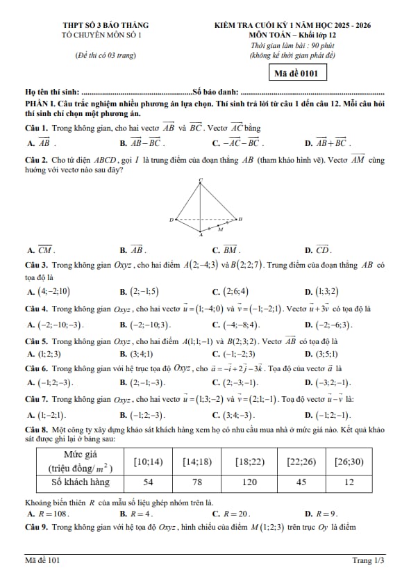 đề cuối kỳ 1 toán 12 năm 2025 – 2026 trường thpt bảo thắng 3 – lào cai