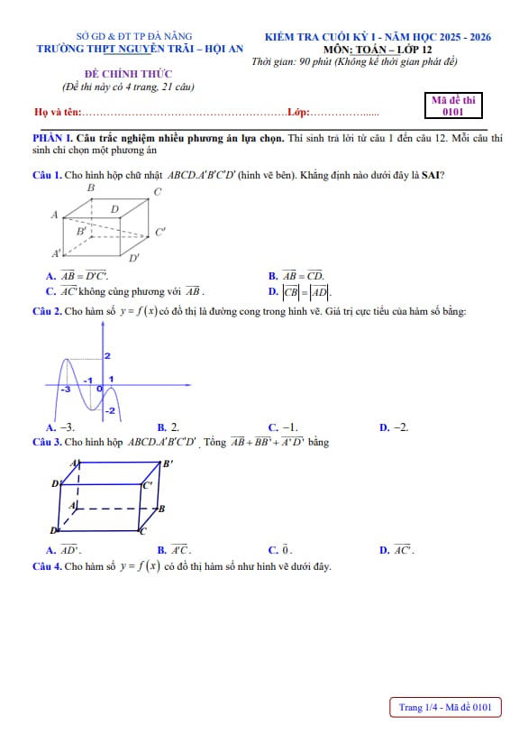 đề cuối kỳ 1 toán 12 năm 2025 – 2026 trường thpt nguyễn trãi – đà nẵng