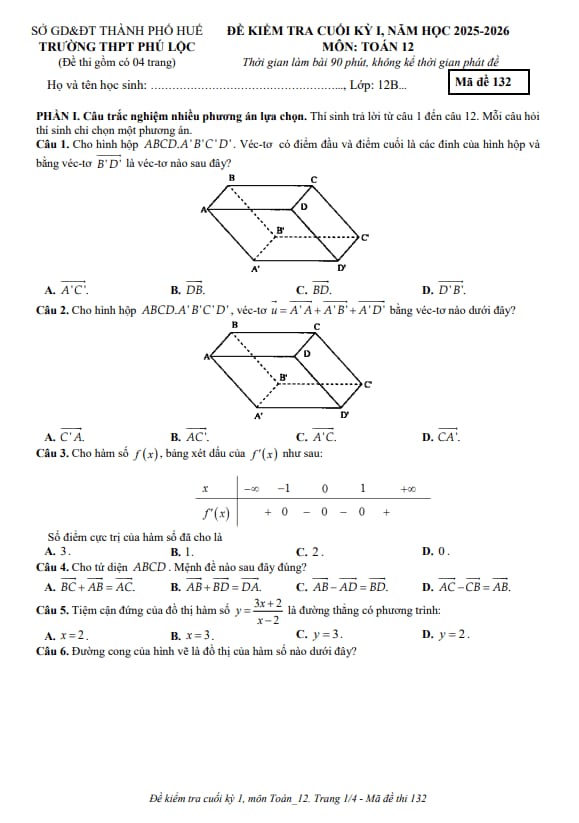 đề cuối kỳ 1 toán 12 năm 2025 – 2026 trường thpt phú lộc – huế