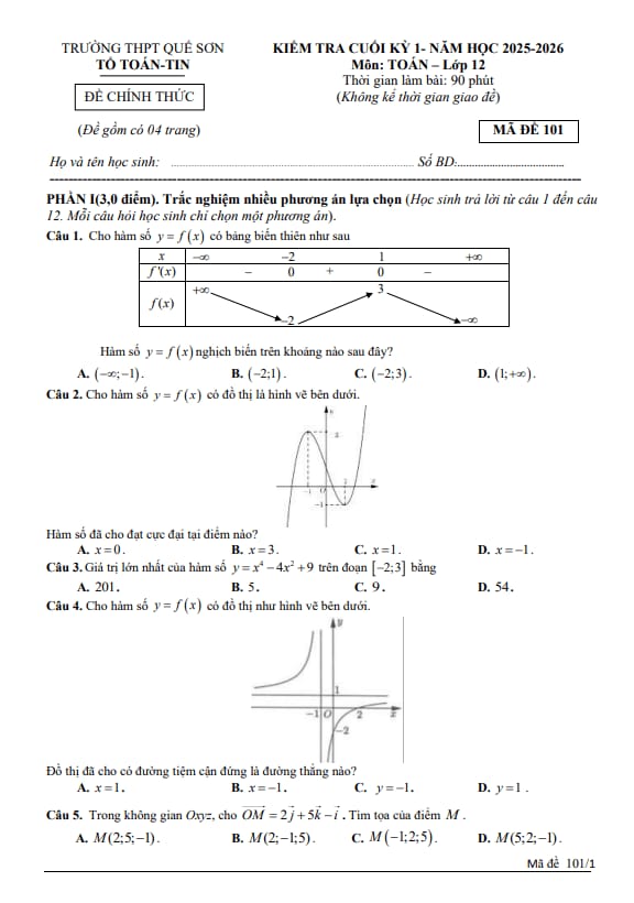 đề cuối kỳ 1 toán 12 năm 2025 – 2026 trường thpt quế sơn – đà nẵng