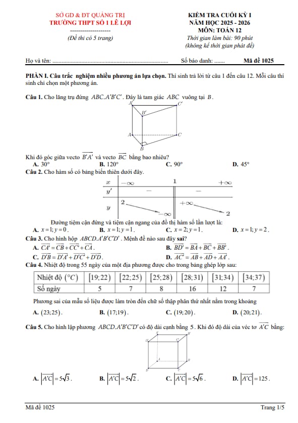 đề cuối kỳ 1 toán 12 năm 2025 – 2026 trường thpt số 1 lê lợi – quảng trị