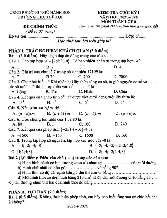 đề cuối kỳ 1 toán 6 năm 2025 – 2026 trường thcs lê lợi – đà nẵng