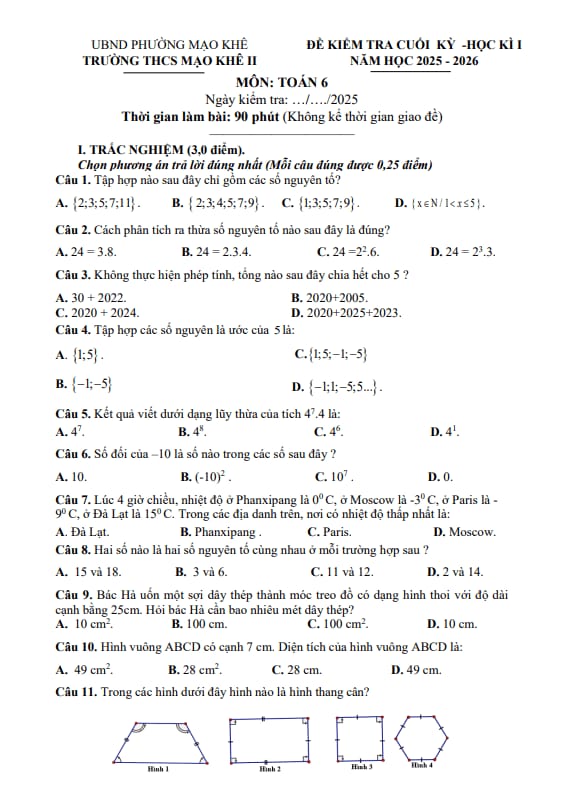 đề cuối kỳ 1 toán 6 năm 2025 – 2026 trường thcs mạo khê 2 – quảng ninh