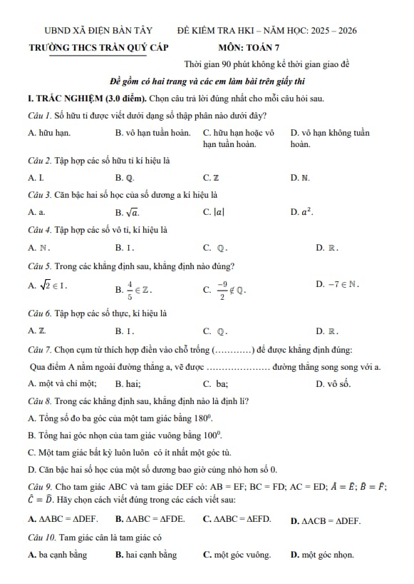 đề cuối kỳ 1 toán 7 năm 2025 – 2026 trường thcs trần quý cáp – đà nẵng