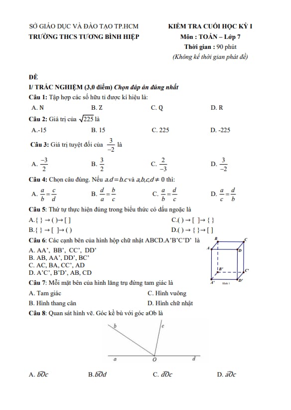 đề cuối kỳ 1 toán 7 năm 2025 – 2026 trường thcs tương bình hiệp – tp hcm