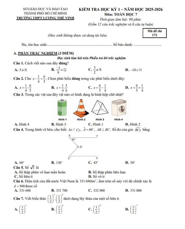 đề cuối kỳ 1 toán 7 năm 2025 – 2026 trường thpt lương thế vinh – tp hcm