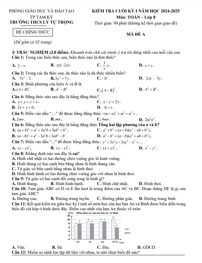 đề cuối kỳ 1 toán 8 năm 2024 – 2025 trường thcs lý tự trọng – quảng nam