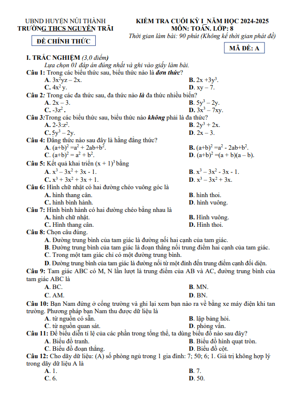 đề cuối kỳ 1 toán 8 năm 2024 – 2025 trường thcs nguyễn trãi – quảng nam