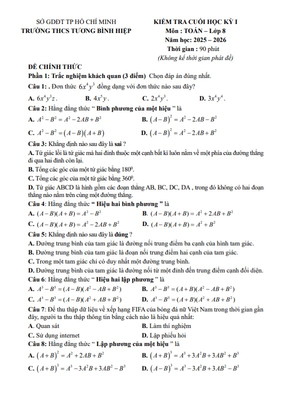 đề cuối kỳ 1 toán 8 năm 2025 – 2026 trường thcs tương bình hiệp – tp hcm