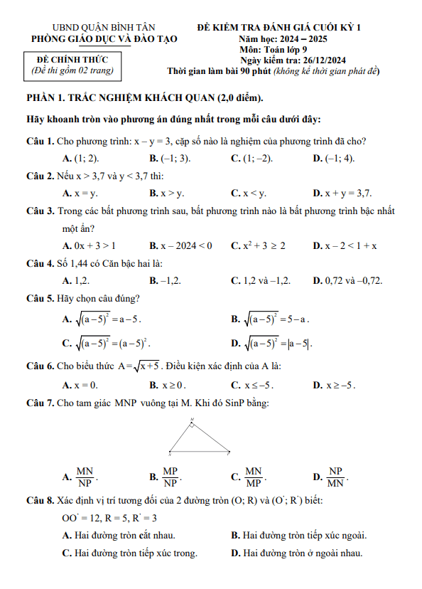 đề cuối kỳ 1 toán 9 năm 2024 – 2025 phòng gd&đt bình tân – tp hcm