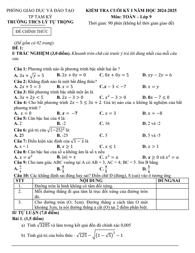 đề cuối kỳ 1 toán 9 năm 2024 – 2025 trường thcs lý tự trọng – quảng nam