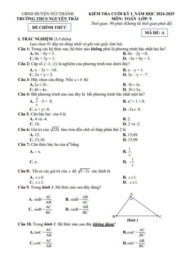 đề cuối kỳ 1 toán 9 năm 2024 – 2025 trường thcs nguyễn trãi – quảng nam