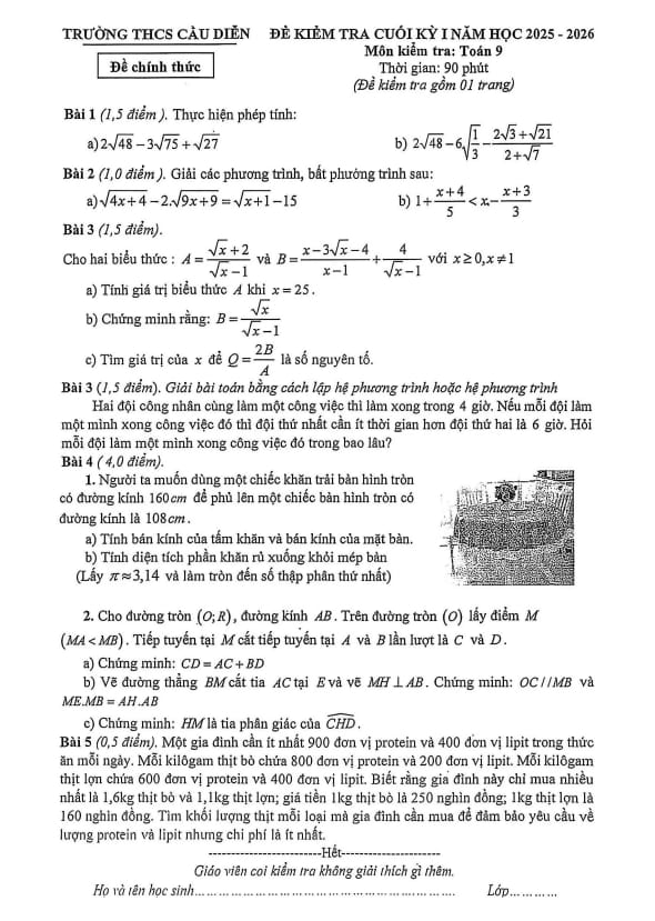 đề cuối kỳ 1 toán 9 năm 2025 – 2026 trường thcs cầu diễn – hà nội