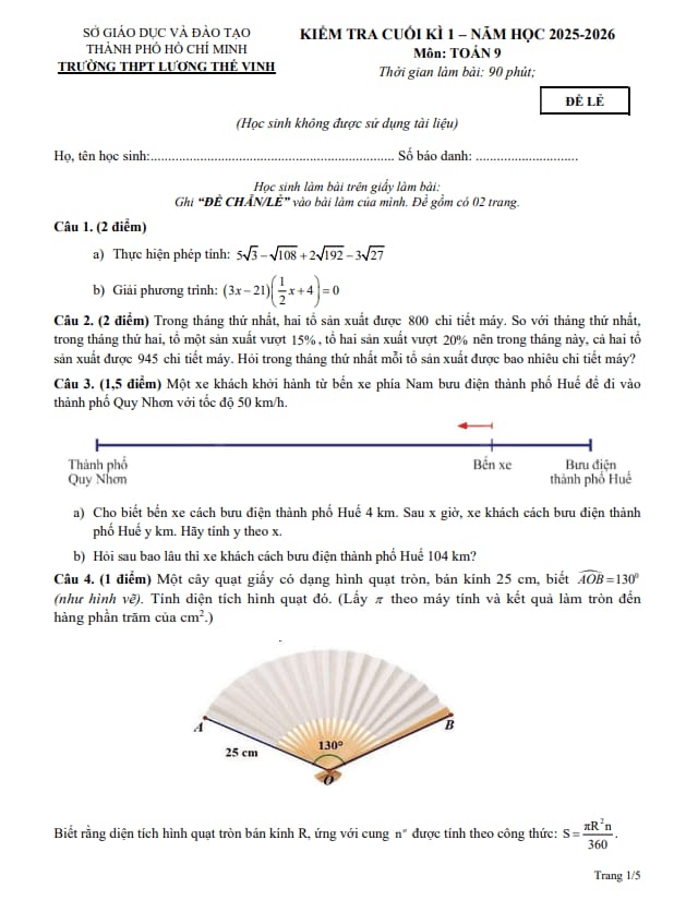đề cuối kỳ 1 toán 9 năm 2025 – 2026 trường thpt lương thế vinh – tp hcm