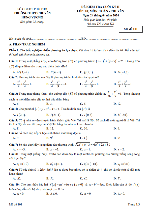 đề cuối kỳ 2 toán 10 chuyên năm 2023 – 2024 trường chuyên hùng vương – phú thọ
