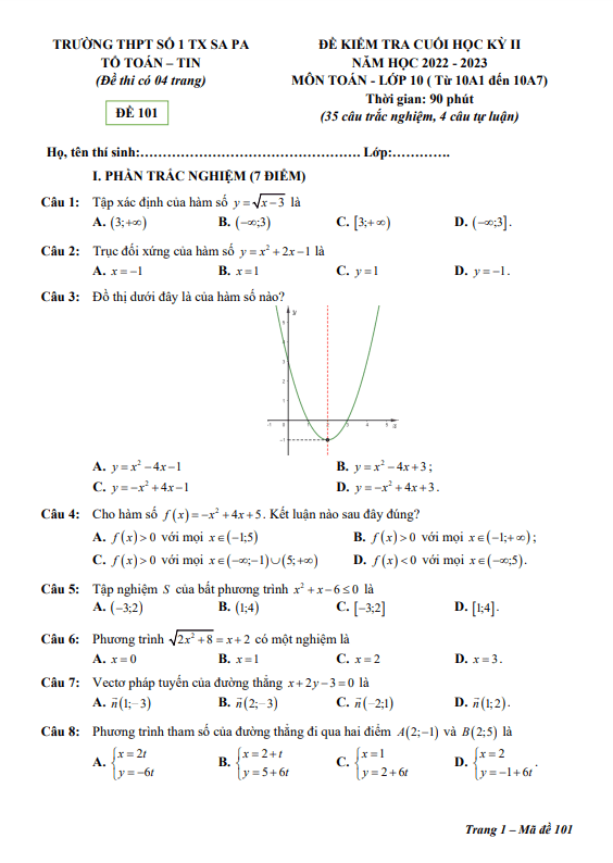 đề cuối kỳ 2 toán 10 năm 2022 – 2023 trường thpt số 1 tx sa pa – lào cai