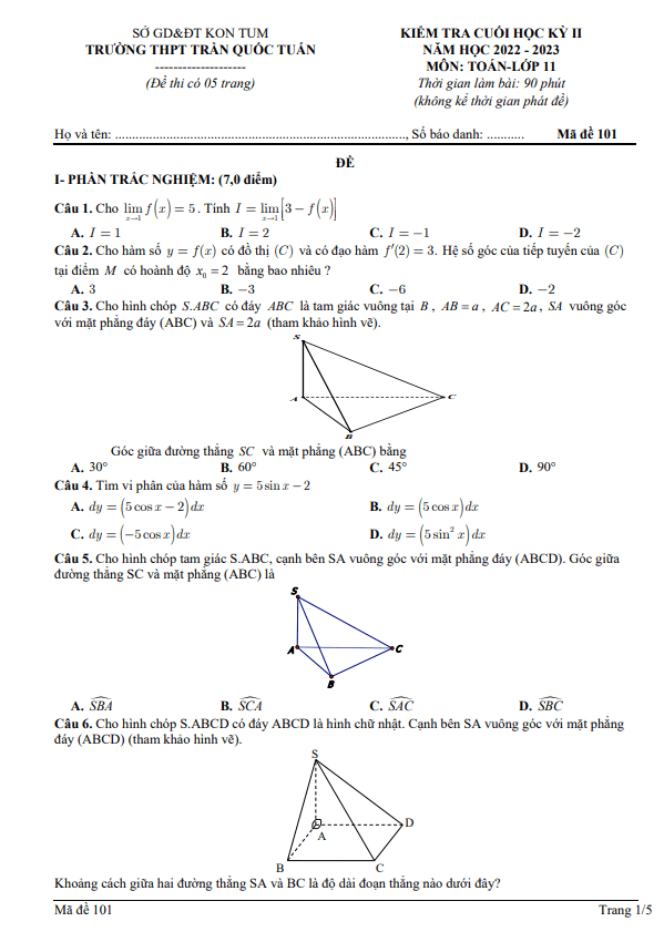 đề cuối kỳ 2 toán 11 năm 2022 – 2023 trường thpt trần quốc tuấn – kon tum
