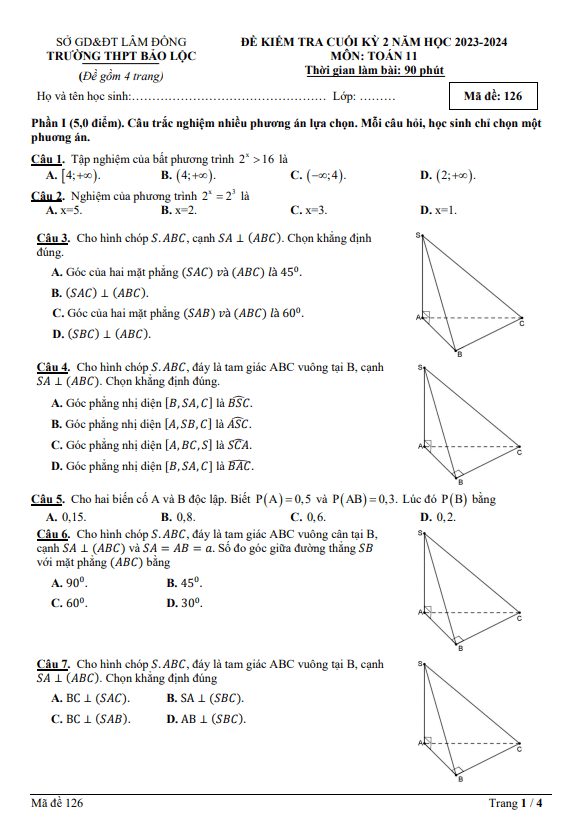 đề cuối kỳ 2 toán 11 năm 2023 – 2024 trường thpt bảo lộc – lâm đồng